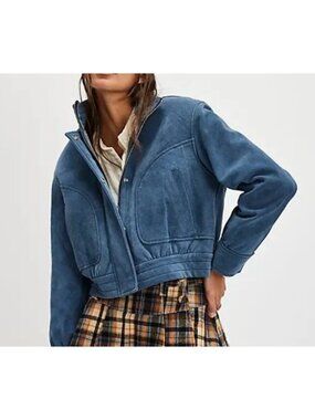 Free People Wes Suede Bomber Jacket Boho Grunge Sherpa Cozy Moto Y2K Womens L